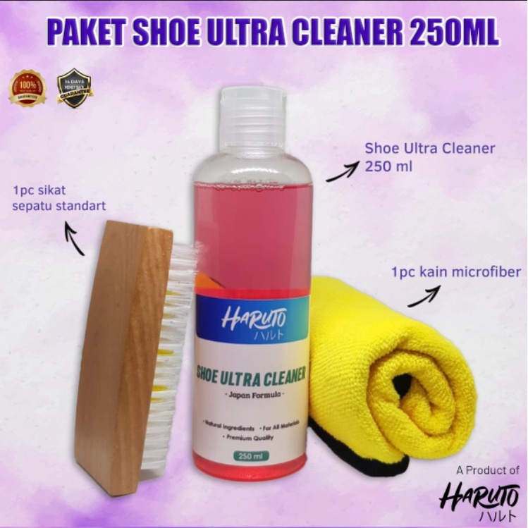 Paket pembersih sepatu Haruto shoe ultra cleaner 250ml+sikat sepatu+kain microfiber 30x30 Paket hemat
