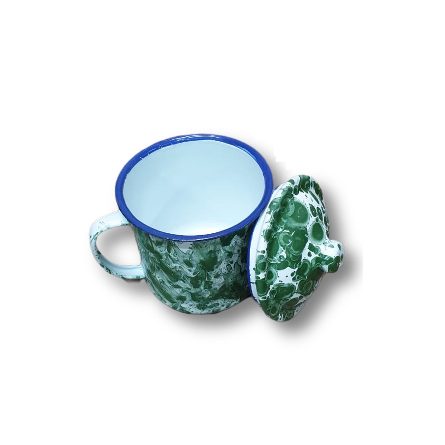 Cangkir Mug Enamel + Tutup Kuno Corak Blirik Cendol Diameter 8CM