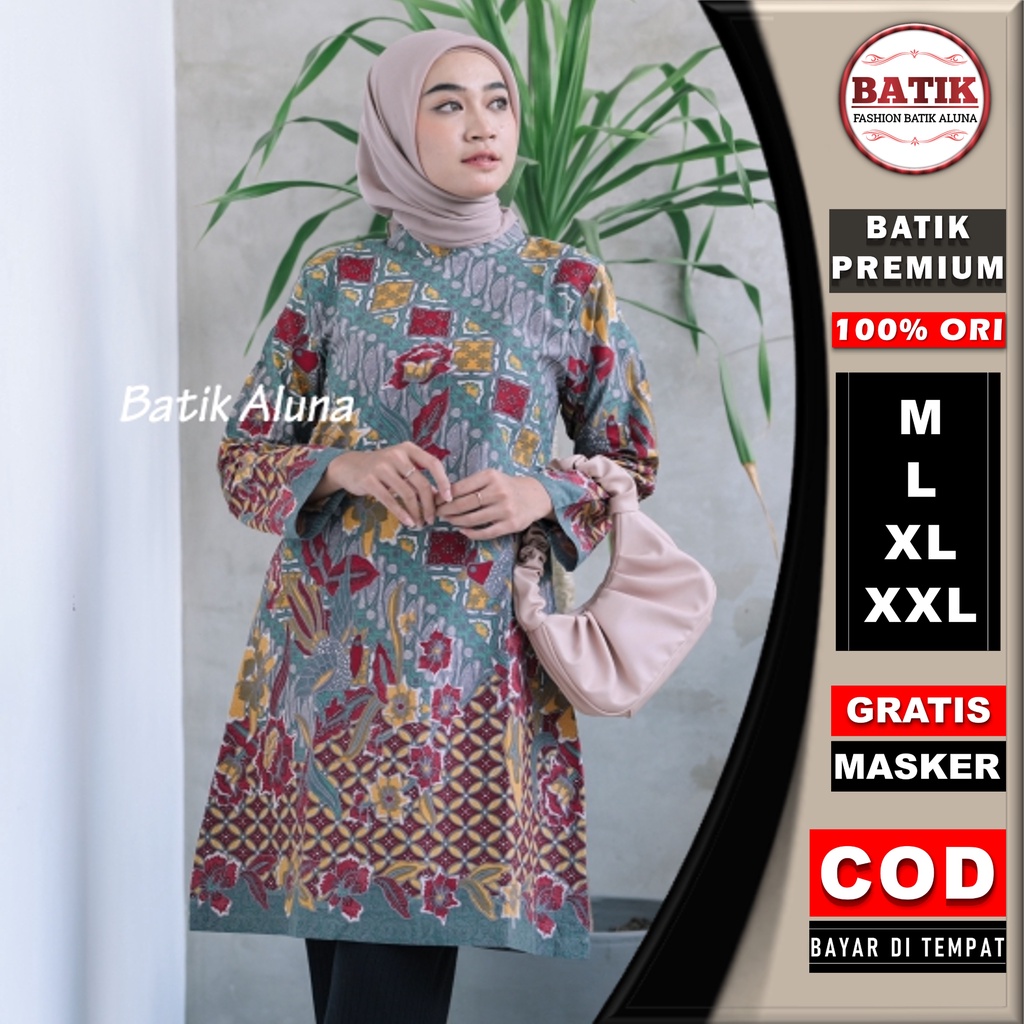 Baju Batik Wanita Premium Modern Kantor Elegan Tunik Lengan Panjang FASHION BATIK ALUNA