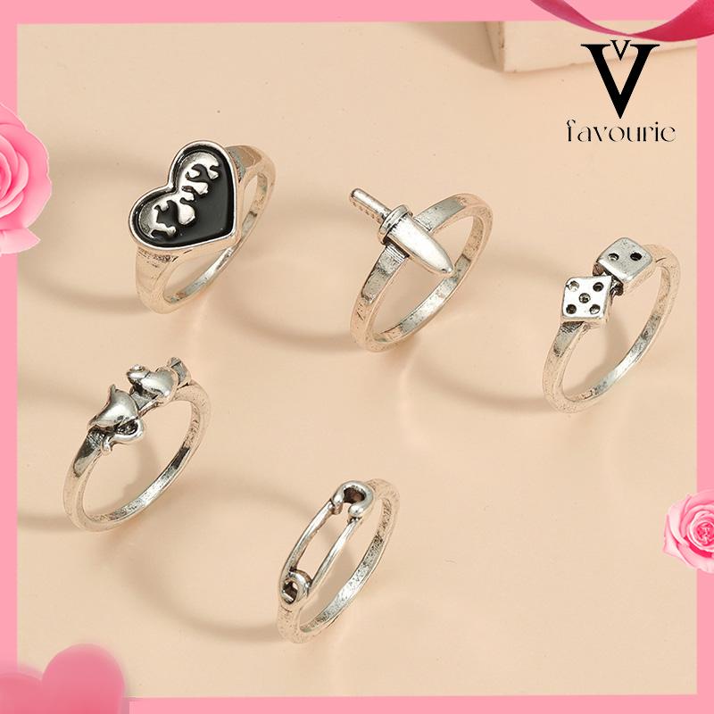 CODDomingo Ring Alloy peniti dadu love pedang retro silver cincin wanita fashion korea 5 set-FA