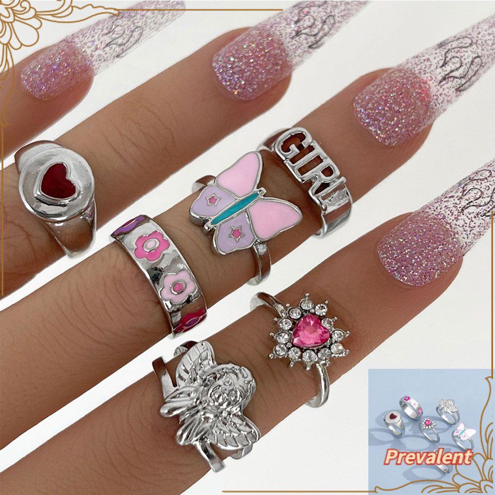 PREVA 6 Pcs/Set Rings Women Angel Fashion Pink