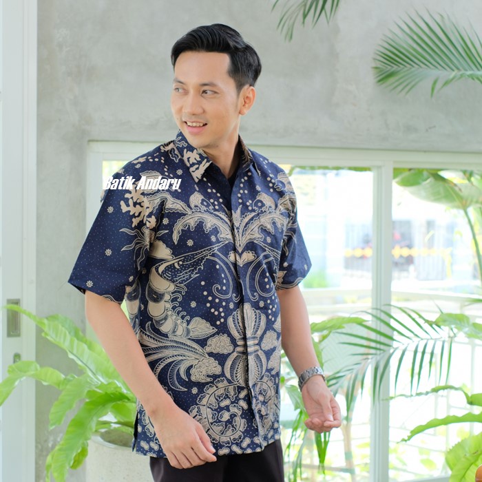 Batik Pria Lengan Pendek Modern Bahan Katun Solo Kualitas Premium Warna Biru Navy