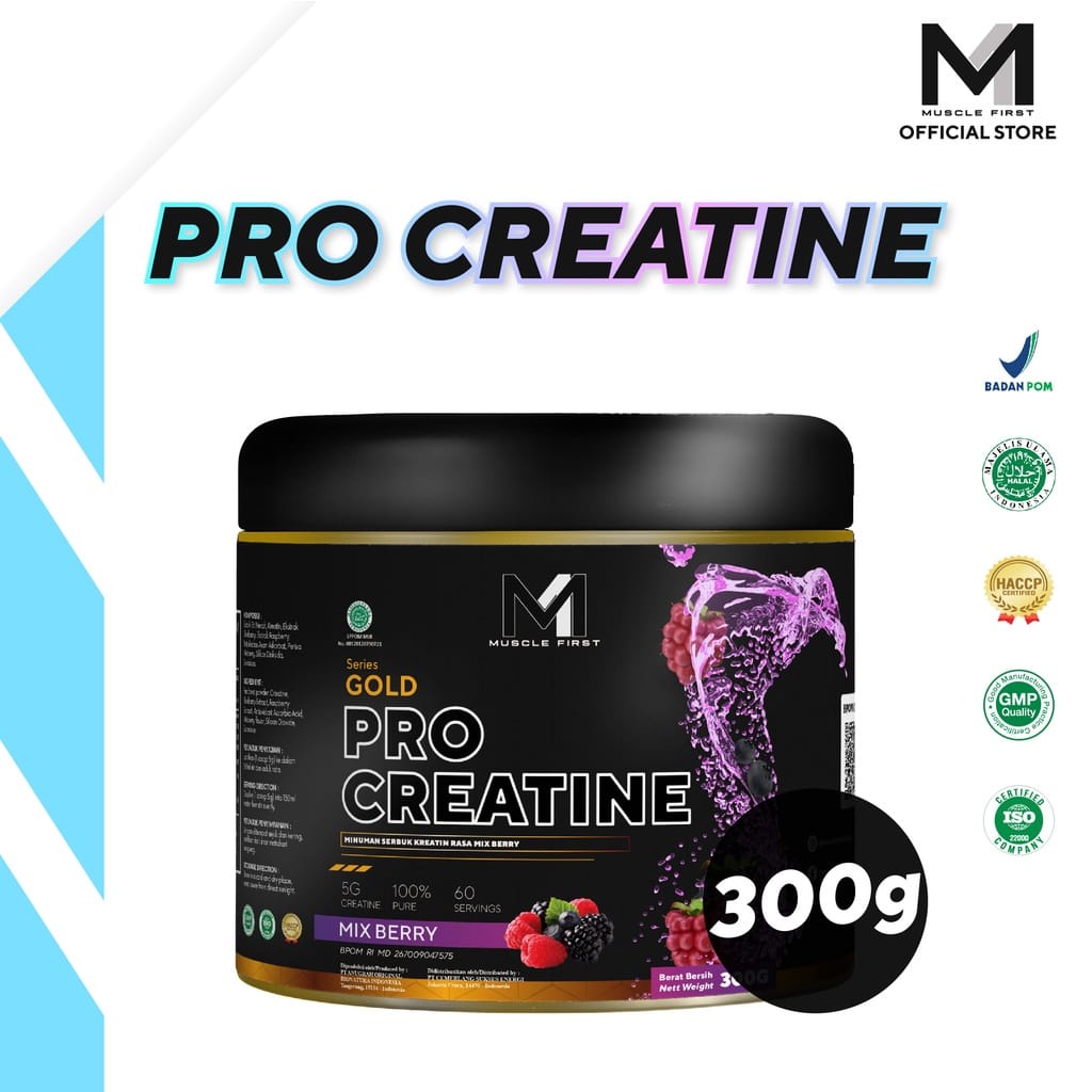 PRO CREATINE M1 BPOM HALAL PROCREATINE CREATIN KREATIN MUSCLE FIRST MUSCLEFIRST 300 Gram / 60 serving Gold Series BPOM HALAL MUI MuscleFirst M1 NUTRION