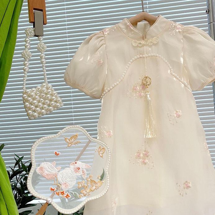 Dress Cheonsam Anak Perempuan Import Satin Bunga Mutiara BrokenWhite