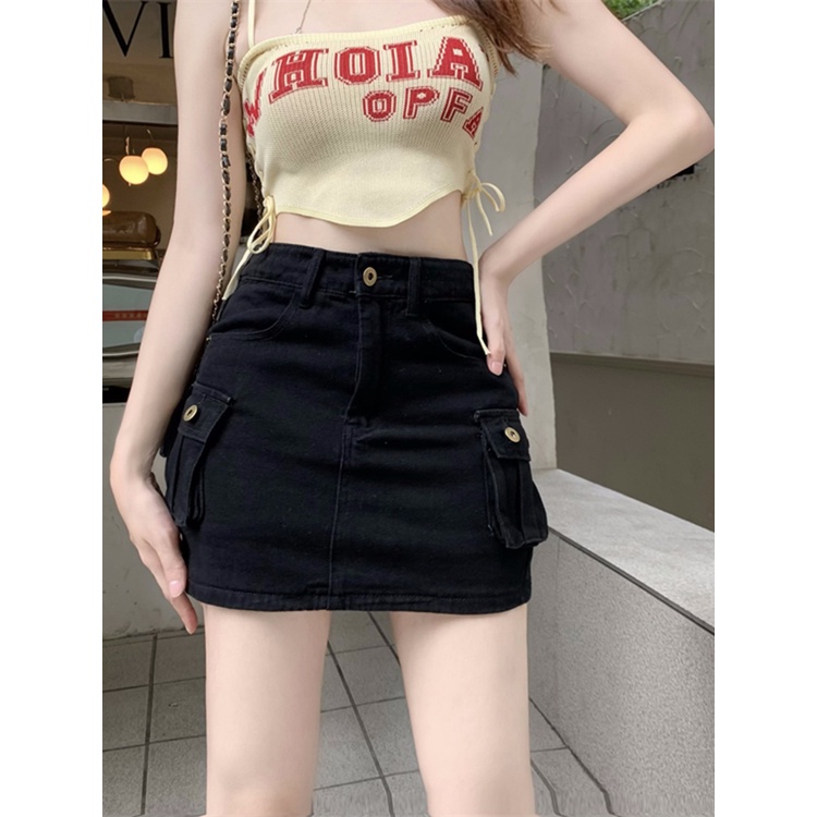 ❁✾℡Suhao hijau tentara tooling denim rok celana wanita musim panas hot gadis tas hip a-line rok seksi pinggang tinggi ramping rok