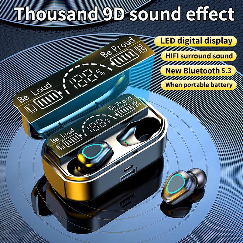 Matei Tampilan LED headphone TWS Headset Bluetooth 5.3 with Mic Sentuh Olahraga Tahan Air  HiFi Stereo Wireless Earphone power bank 3800mAh