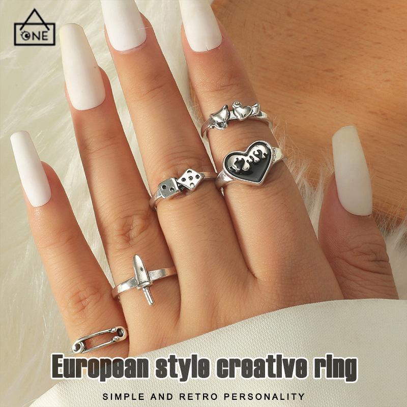 COD❤️Domingo Ring Alloy peniti dadu love pedang retro silver cincin wanita fashion korea 5 set-A.one