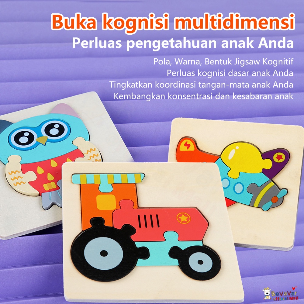BEVAVAR Mainan 3D Jigsaw Puzzle Kayu Gambar Hewan Dan Kendaraan Lucu