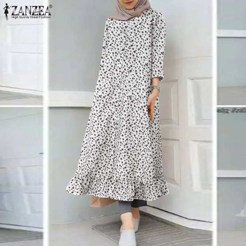 ZANZEA Women Button Down Front Long Sleeve Ruffles Hem Muslim Long Dress