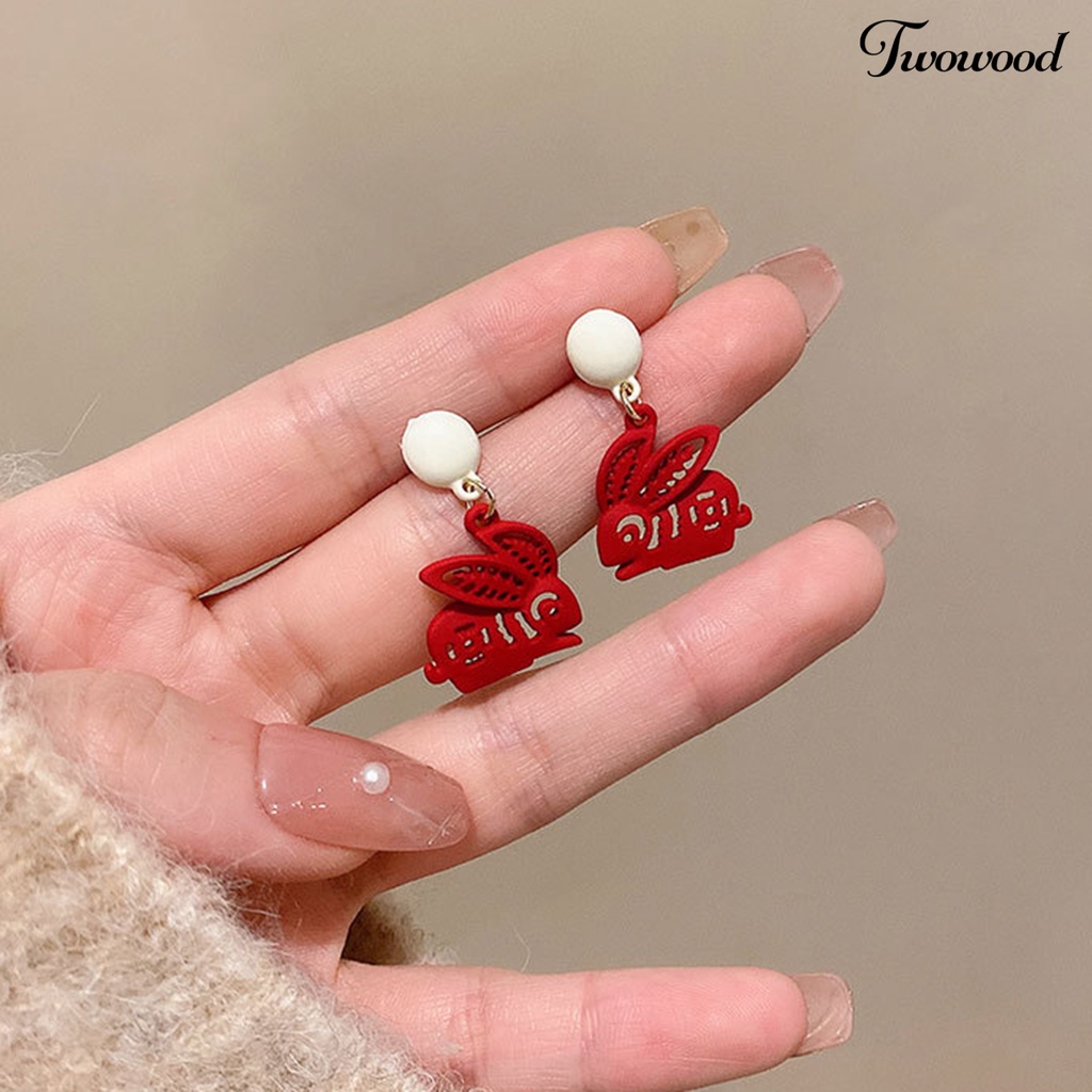 Twowood 1pasang Anting Menjuntai Kelinci Dekorasi Karakter Cina Romantis Menguntungkan Mutiara Imitasi Hiasan Telinga Vintage Cina Merah Cutting Paper Rabbit Earrings Aksesoris Pakaian