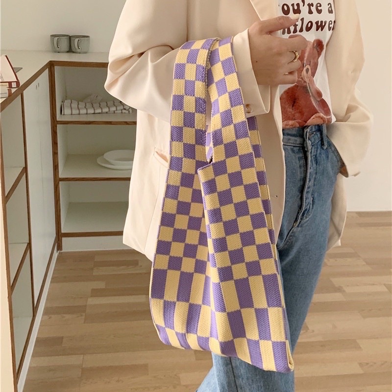 TERMURAH TAS BUFFOLOW TREND THAILAND KEKINIAN BFF IMPORT MURAH JAKARTA / TOTEBAG THAILAND VIRAL / KNITTED TOTE BAG / TAS RAJUT KOTAK KOTAK KOREA / TAS BUFFOLLOW VIRAL / TAS PIKNIK / KOREAN KNITTED CHECKERED TOTEBAG