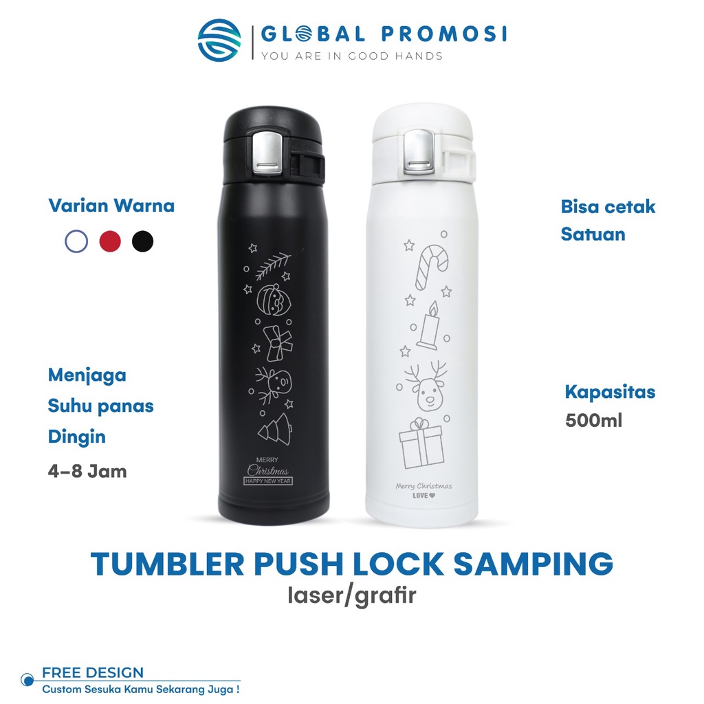 Tumbler Termos Push Lock Samping Custom Laser Grafir Souvenir/Promosi Nama Logo Karakter