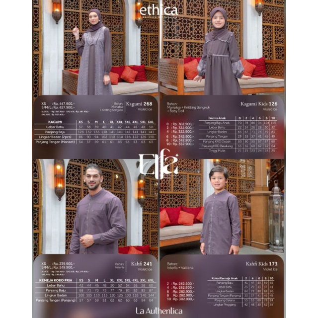 Ethica Elfa 264 Violet Ice Kagumi 268 Kahfi 241 Kagumi Kids 126 Kahfi Kids 173 Baju Muslim Gamis Sarimbit Keluarga Family Series Lebaran Terbaru Ori 2022 Set