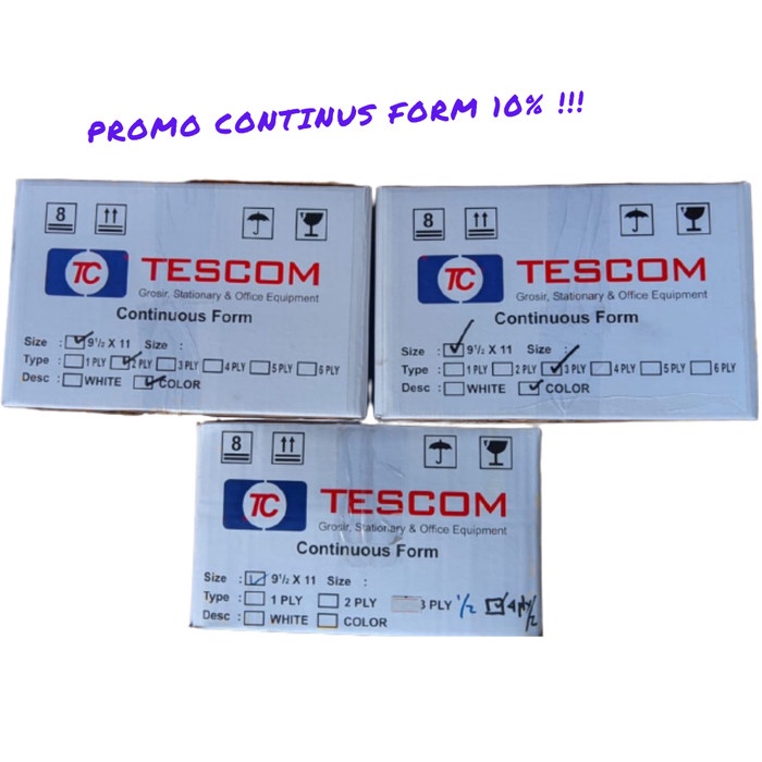 

HARGA PROMO CONTINOUS FORM MERK TESCOM 9 1/2 X 11 2PLY - 4PLY PERBOX