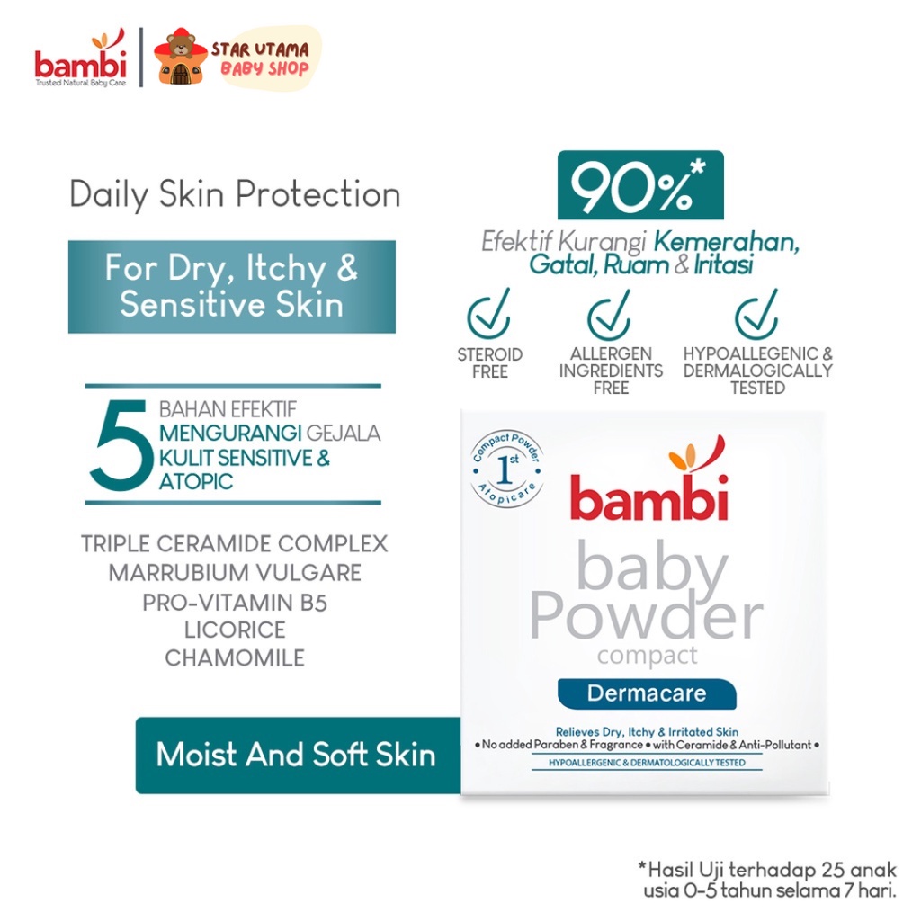 Bambi Baby Compact Powder Dermacare 40gr | Bedak Padat Bayi Anak Khusus kulit Atopic / Eczema / Eksim / Triple Ceramide Powder