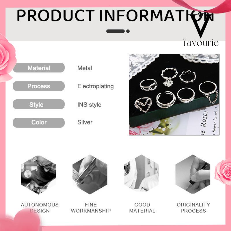 COD7Pcs/Set Perhiasan Cincin Rantai Cinta Fashion Korea Vintage Adjustable Gaya Untuk Wanita-FA