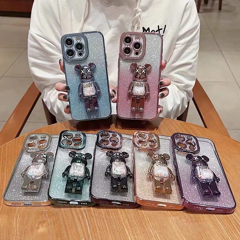 IPHONE Violent bear bracket plating shell Untuk Iphone14 13 12 11 Pro Max 14plus X XS XR Max Dengan Gradien flash Lensa Kamera Jatuh back cover