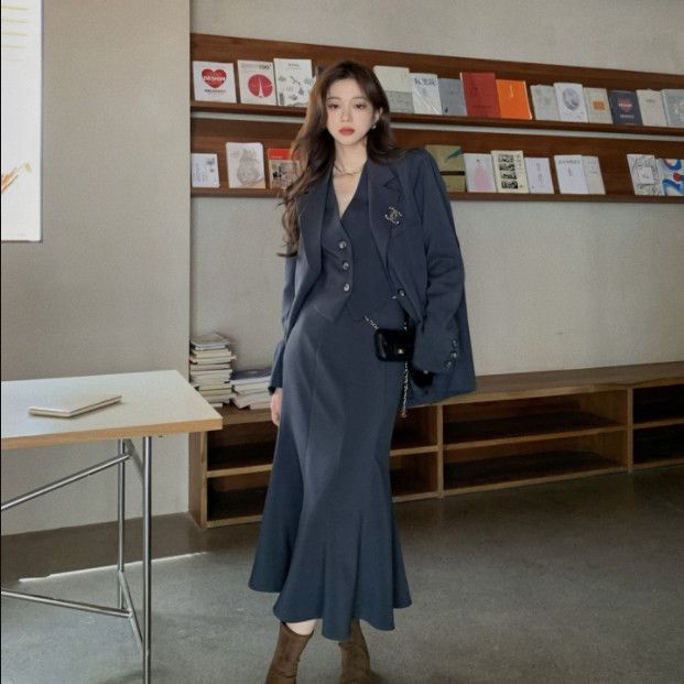 Suhao Royal Sister Style Suit Jaket Pendek Rompi Fishtail Rok Setelan Jas Tiga Potong Tingkat Tinggi Komuter Profesional Wanita musim Gugur Pakaian