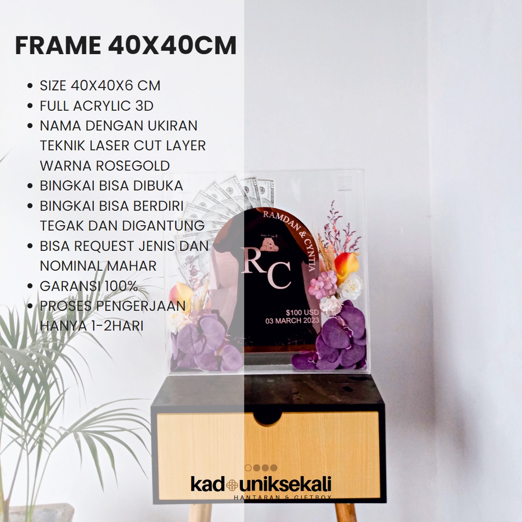 MAHAR AKRILIK ROSEGOLD 40x40 CM - MAHAR PERNIKAHAN TANPA PRE ORDER