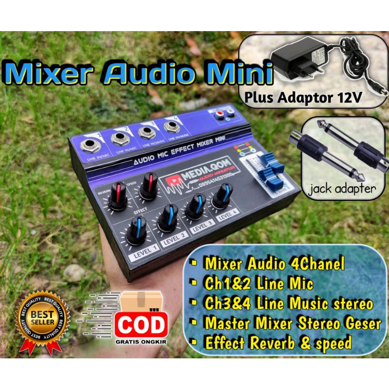 Mixer Mini Audio 4Ch Effect nyess Reverb Buat karaokean bisa Aki/listrik Bonus Adaptor &amp; Jack murah