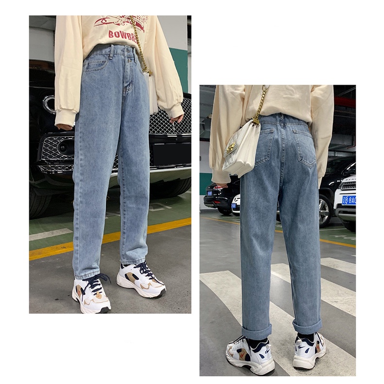 Celana Jeans Wanita Pinggang Elastis / Biru muda Highwaist Boyfriend Jeans Wanita