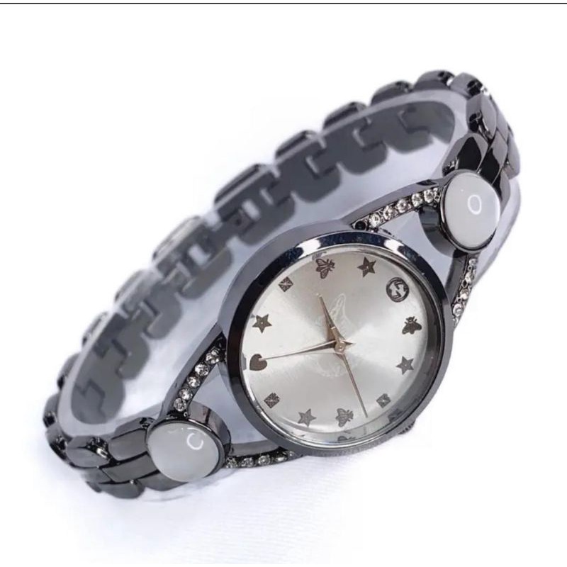 (Cod)Jam Tangan Wanita Fashion Batu Bulat Putih Jarum Strap Rantai/Stell(Dikirim Jakarta)