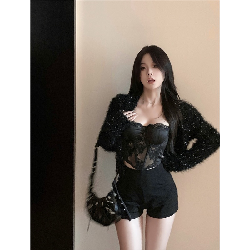 △✙Suhao sutra cerah berkualitas tinggi rajutan sweater kardigan kecil wanita musim gugur dan musim dingin pendek hitam manis hot gadis temperamen lengan panjang jaket top