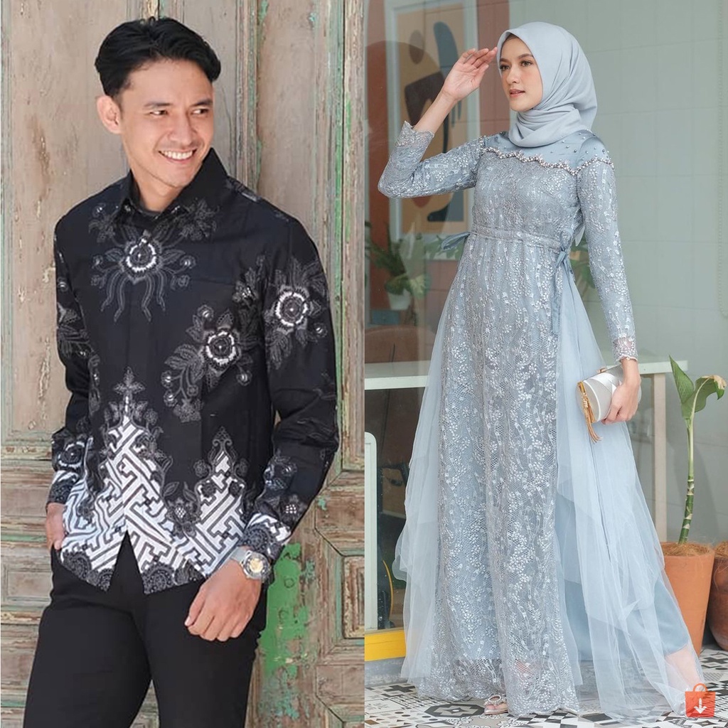 [COUPLE SPESIAL BAJU LEBARAN] COUPLE GAMIS MELLA NEW DRESS TULLE MUTIARA - GAMIS COUPLE KEKINIAN - DRESS KONDANGAN TERBARU - COUPLE GAMIS MUSLIM KOMBINASI BROKAT