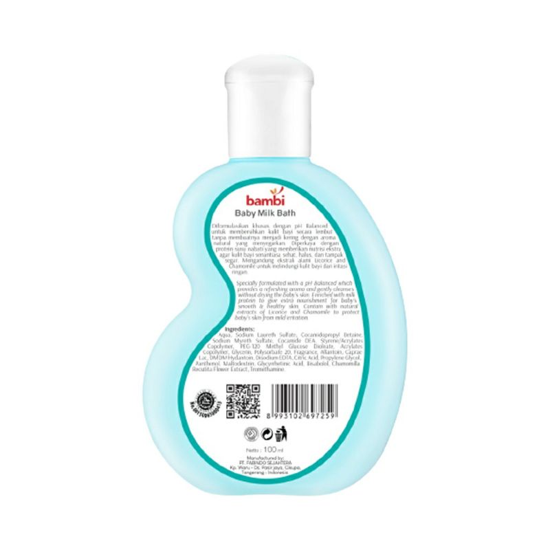 Bambi Baby Milk Bath Extra Moist 100ml | Sabun Bayi Kaya Protein Susu Nabati | Kulit Bayi Normal - Sensitif | PH Balance.