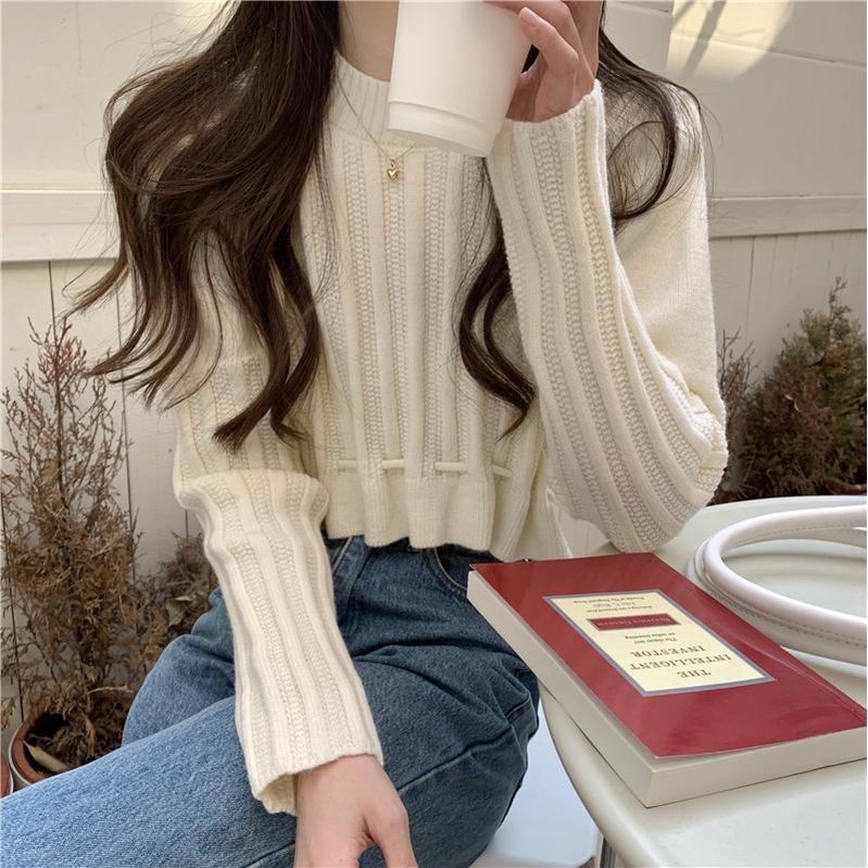 Atasan Wanita Korea Rajut Crop Lengan Panjang Vintage Polos Sweater