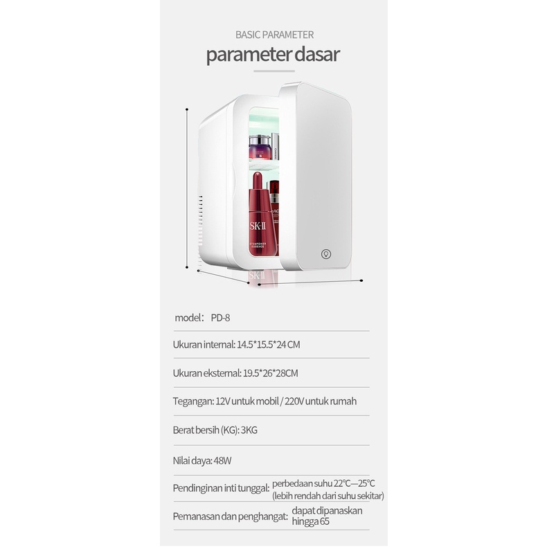 8L kulkas mini portable kecil kosmetik / skincare fridge kecil cermin  skincare mini fridge type mirror square