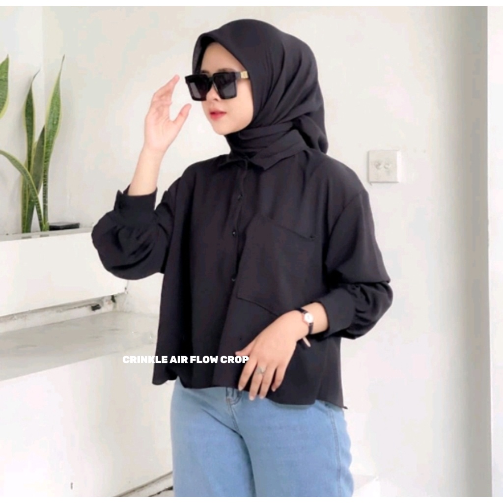 CROP TOP CRINKLE AIR FLOW / KEMEJA CRINKLE PREMIUM CROP / ATASAN WANITA CROP / KEMEJA CROP LENGAN PA