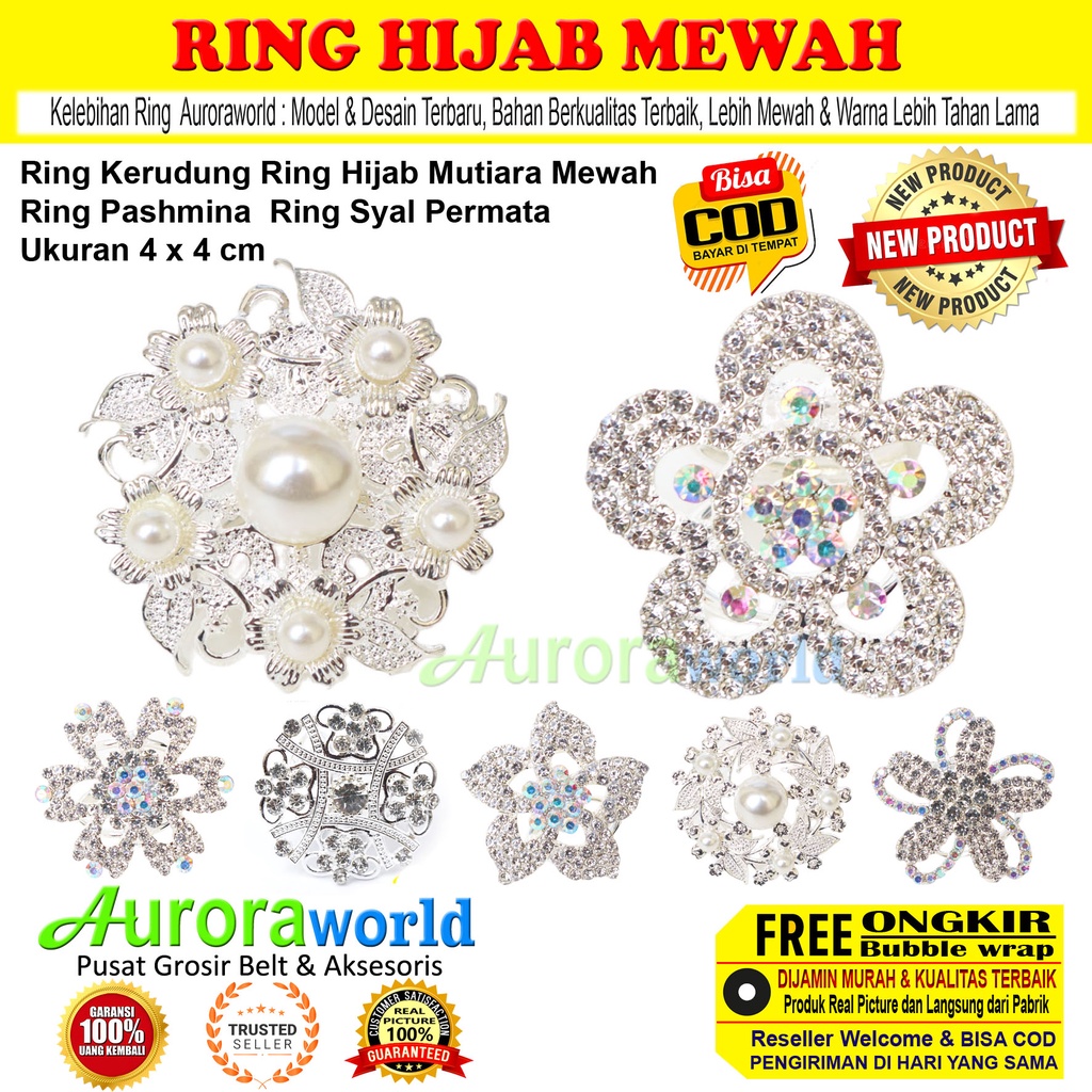 Auroraworld Ring kerudung hijab ring syal permata Ring Pashmina Berlian Mewah cincin kerudung scarf fashion terbaru anti hitam bisa COD R001