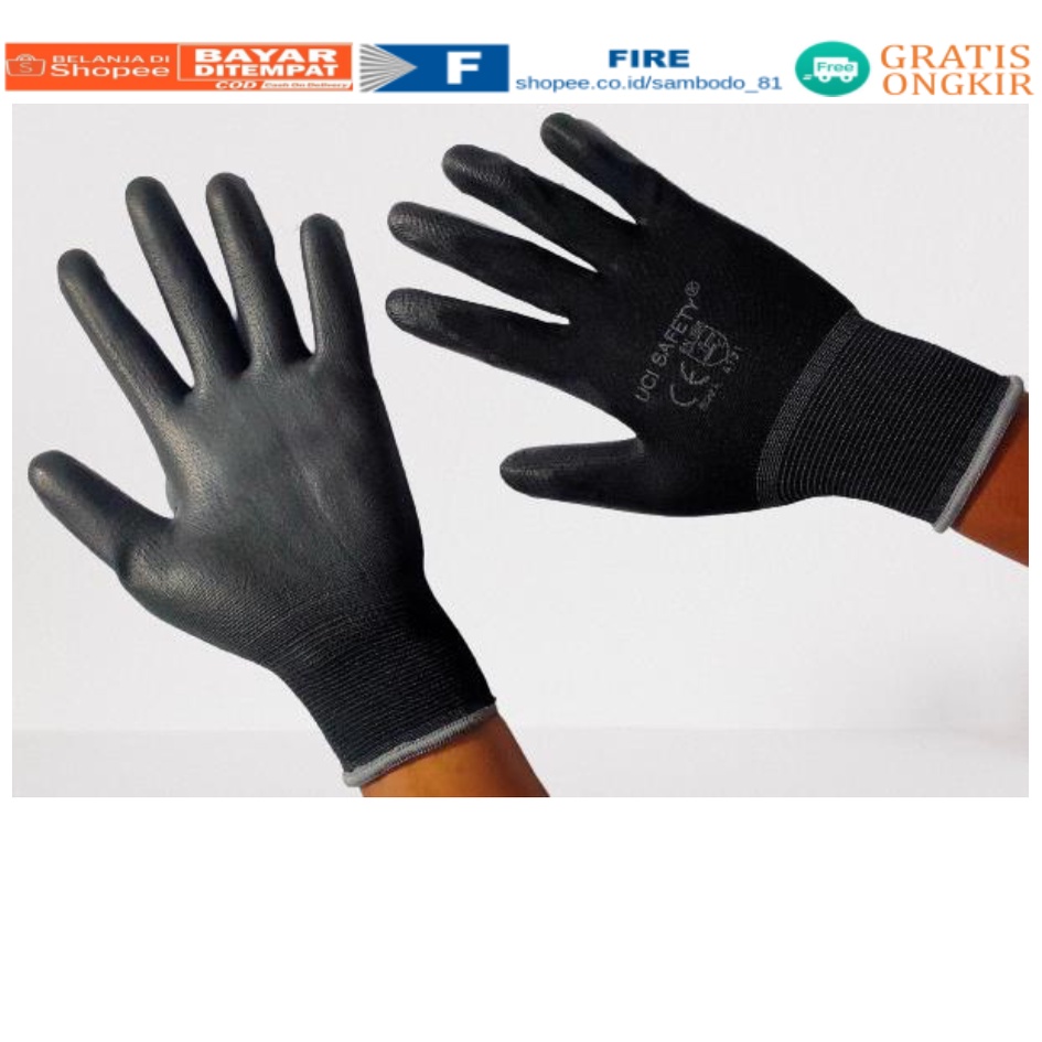 Sarung Tangan Statis Multitask Karet Palm Fit Ukuran S,M, L, XL Proyek Satpam Anti Slip Hitam Black Hand Gloves Mekanik Montir Berkebun Tukang Telapak Tangan dilapisi karet Bahan Nylon Polyester Elektronik Assembly