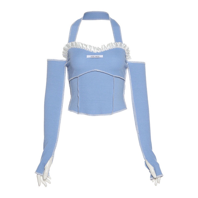 ✤Suhao Gaya Pastoral Perancis Renda Biru Label Menggantung Leher Slim Lengan Panjang T-shirt Wanita Pelangsing All-Match Crop Top trendi