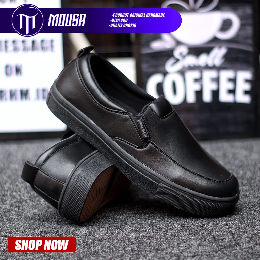 Sepatu Pria Slip On Formal Hitam Kulit Pu Slop Casual Kasual Cowok / Cowo Kerja Kantor Mousa Albd