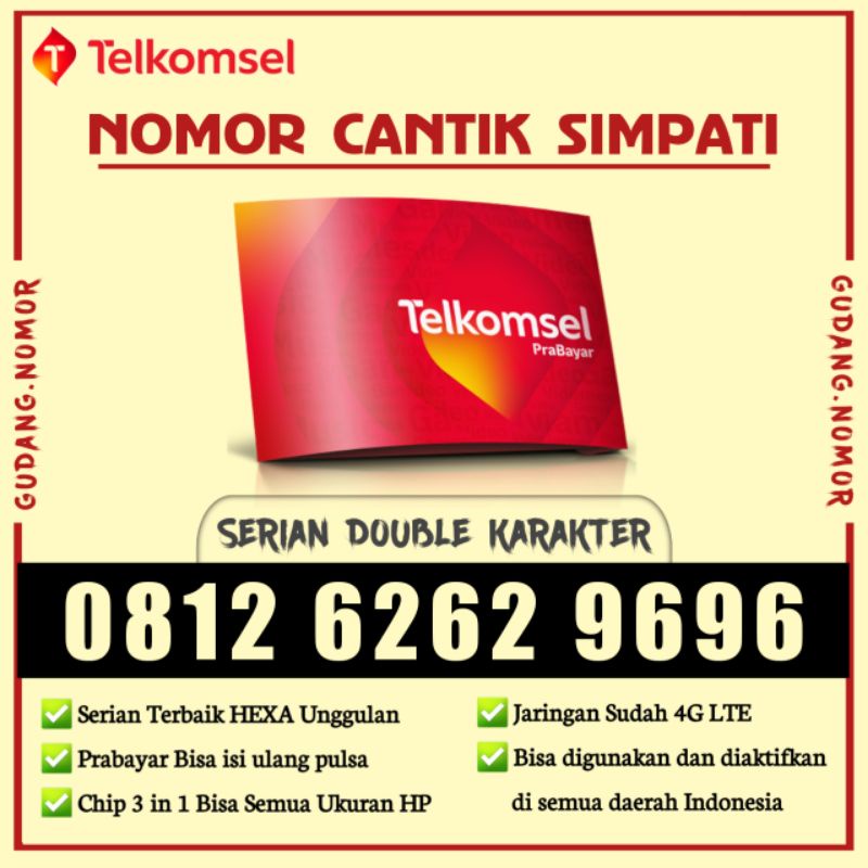 Nomor Cantik Simpati Telkomsel 4G ABAB CDCD 6262 9696