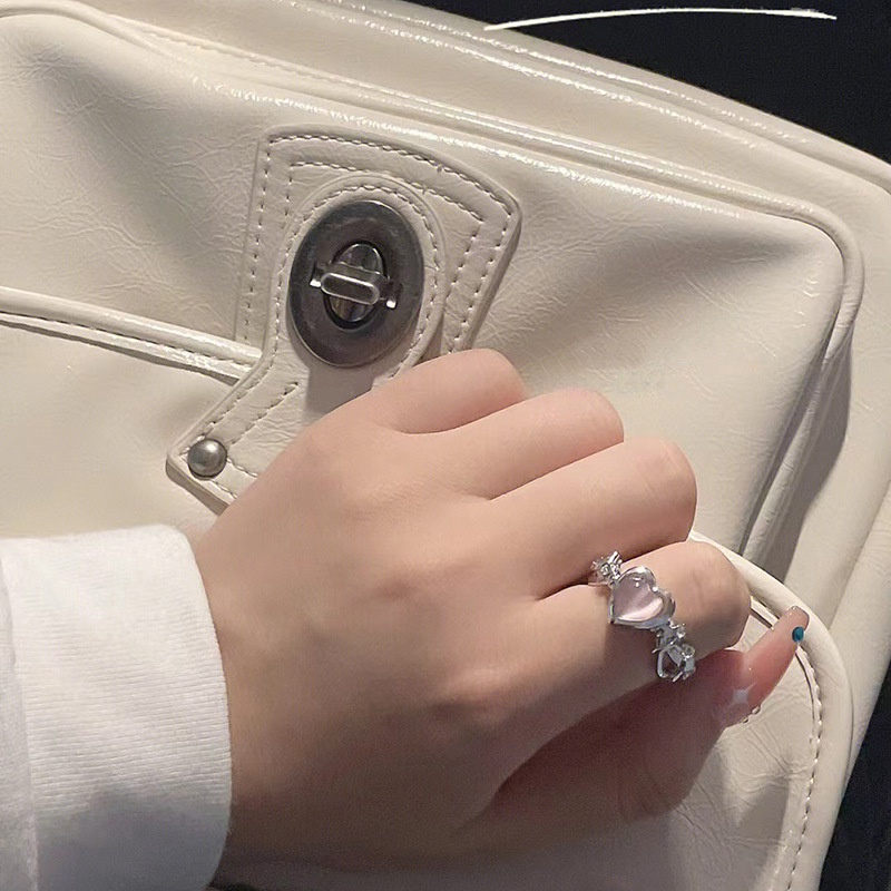 Hadiah Yang Indah Perhiasan Fashion Wanita Sederhana Dapat Disesuaikan Terbuka Elegan Korea Manis Cincin Pesta Wanita Fashion Pink Opal Jantung Jari Cincin