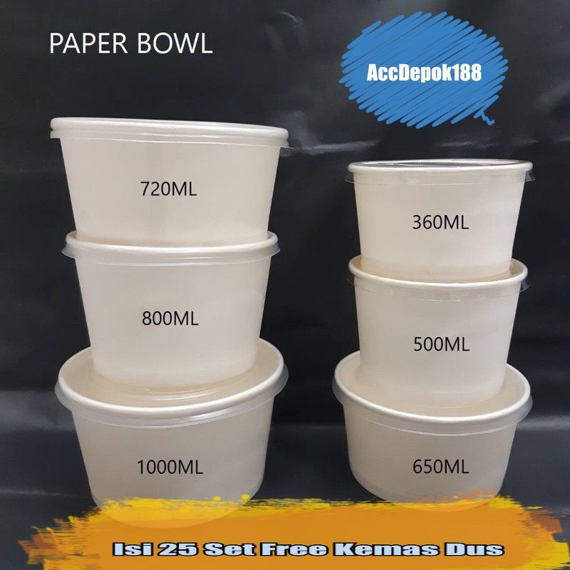 Paper Bowl 800ml  / Rice Bowl 800ml / 800 / Mangkok Kertas + LID + INER + INER SEKAT 2 (ISI 25 Pcs)