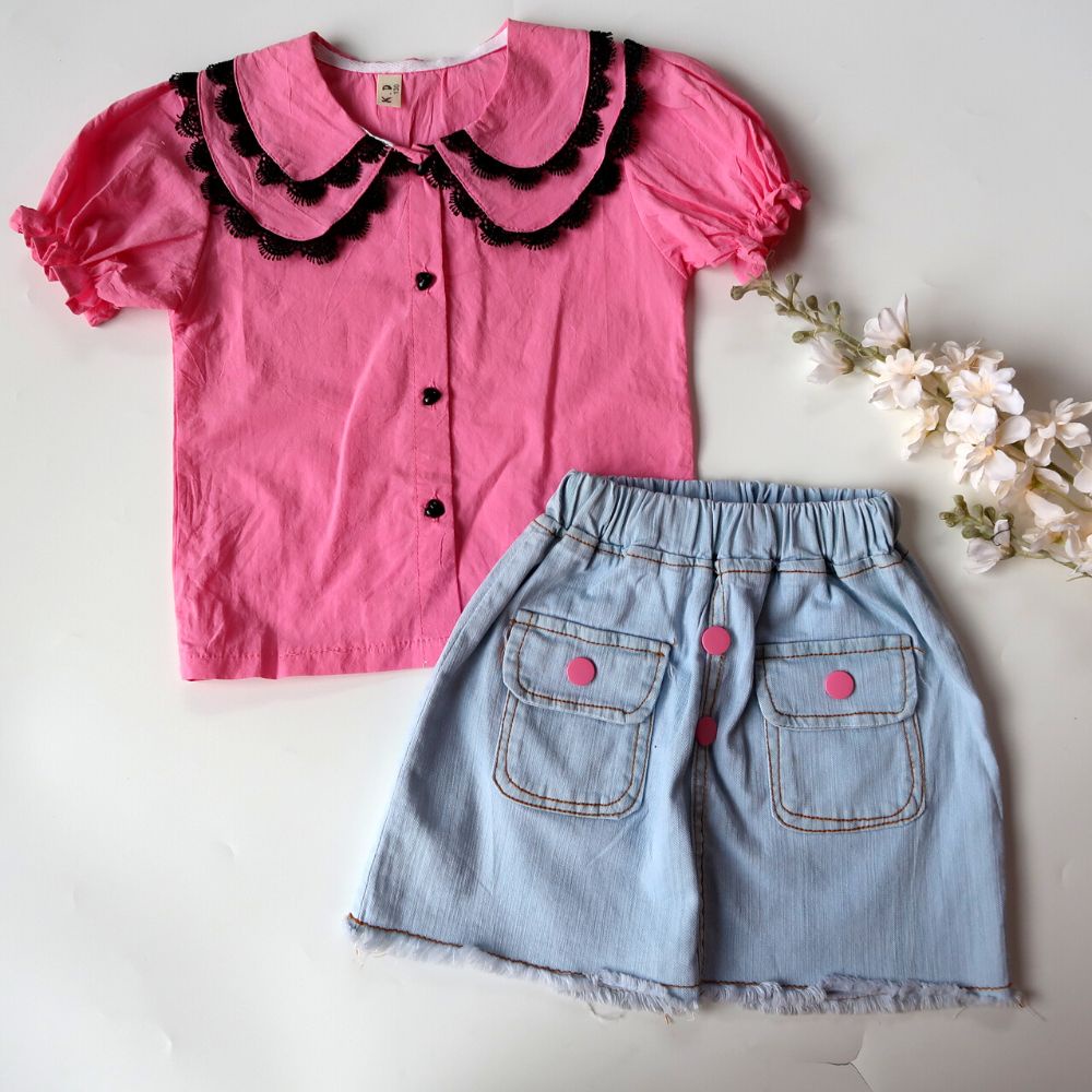 Setelan Rok Anak Perempuan Import Premium Two Renda Bars Denim 2-6 Tahun