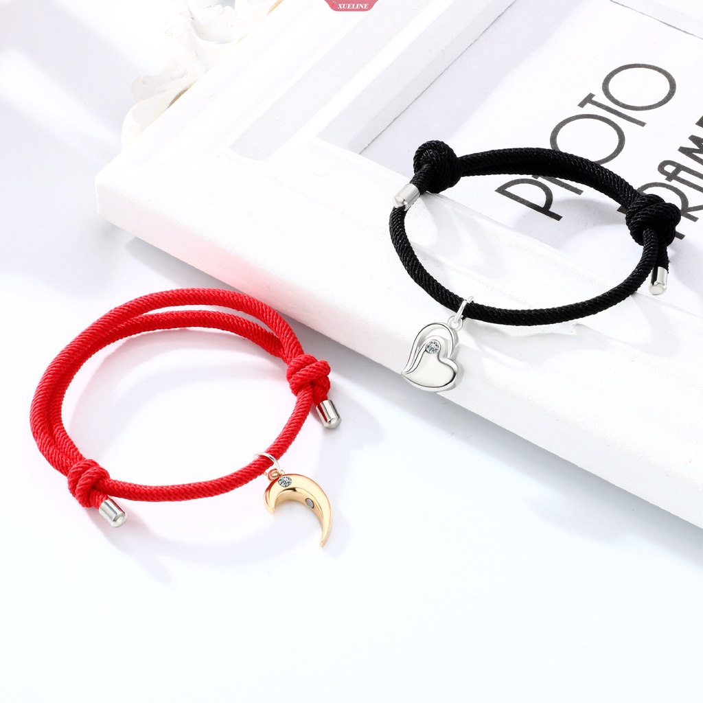 Satu set fashion Magnetik suction Berbentuk Hati Pasangan Kalung Buatan Tangan Merah Dan Hitam Tali Gelang set Cinta Pasangan Perhiasan [ZXL]