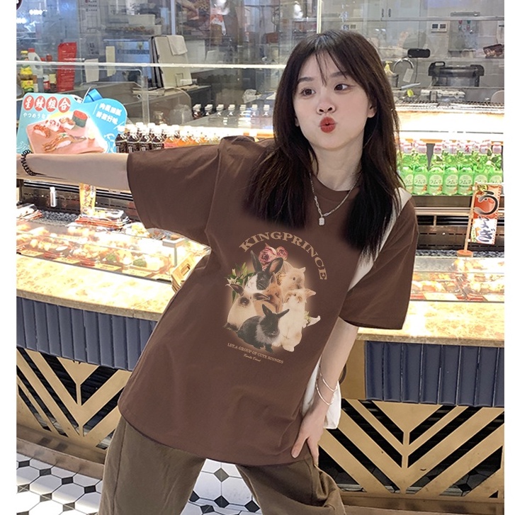 atasan wanita lengan pendek american retro oversize letter rabbit graphic print T-shirt kekinian kaos cream