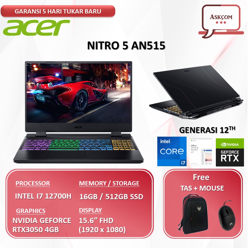 Laptop Gaming Acer Nitro 5 AN515 RTX3050 4GB/ I7 12700H 16GB 1TB SSD OHS 15.6FHD 144HZ W11