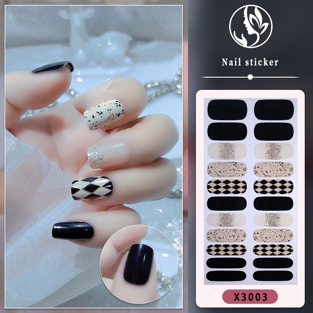 X set 3D Vision Stiker Kuku Kuku Stiker Kuku Panjang Tahan Air Sobek Dipanjangkan Penuh Kuku Bungkus Fasion Tiga Dimensi Nail Art Mutiara Permata Laser Gradien DIY Manicure Sticker