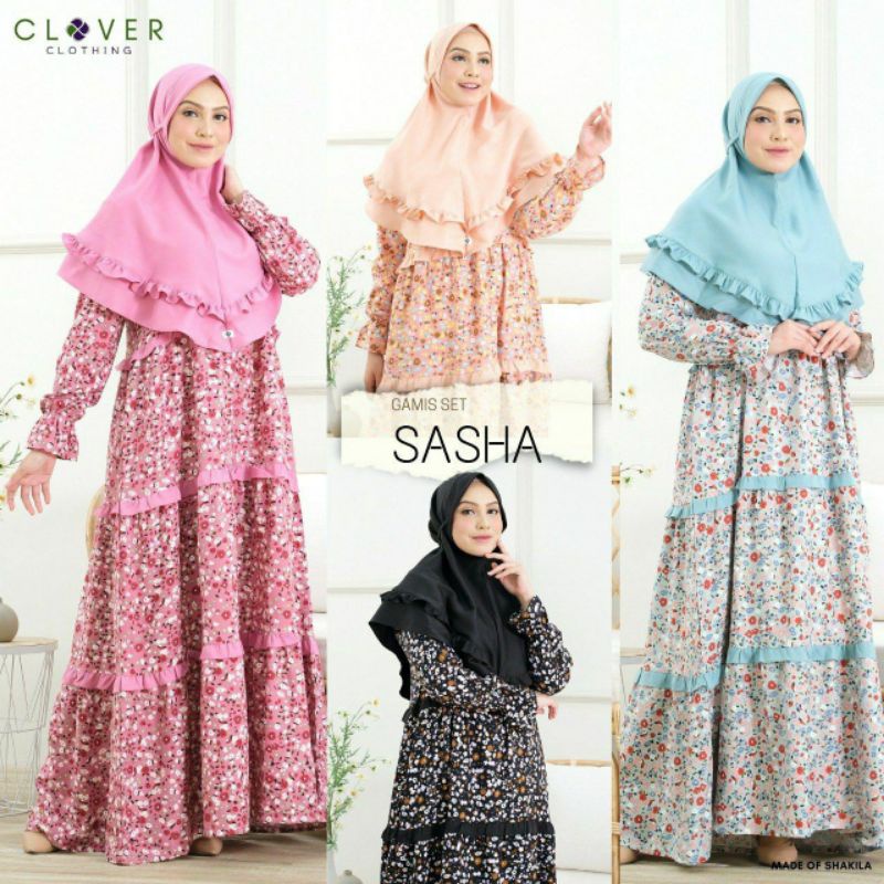 set baju gamis syari jilbab motif wanita muslimah shasa clv