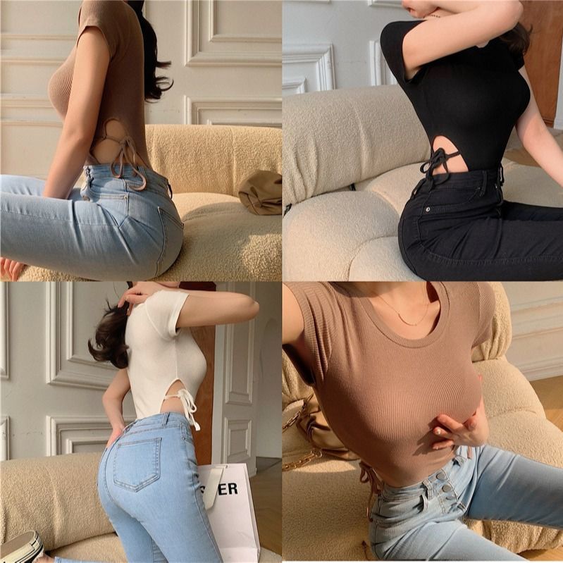 ☂Suhao Chic Hong Kong Rasa Sexy Hollow T-shirt Wanita Musim Panas Baru Budidaya Diri Elastis Jumpsuit Pakaian All-Match Strappy top