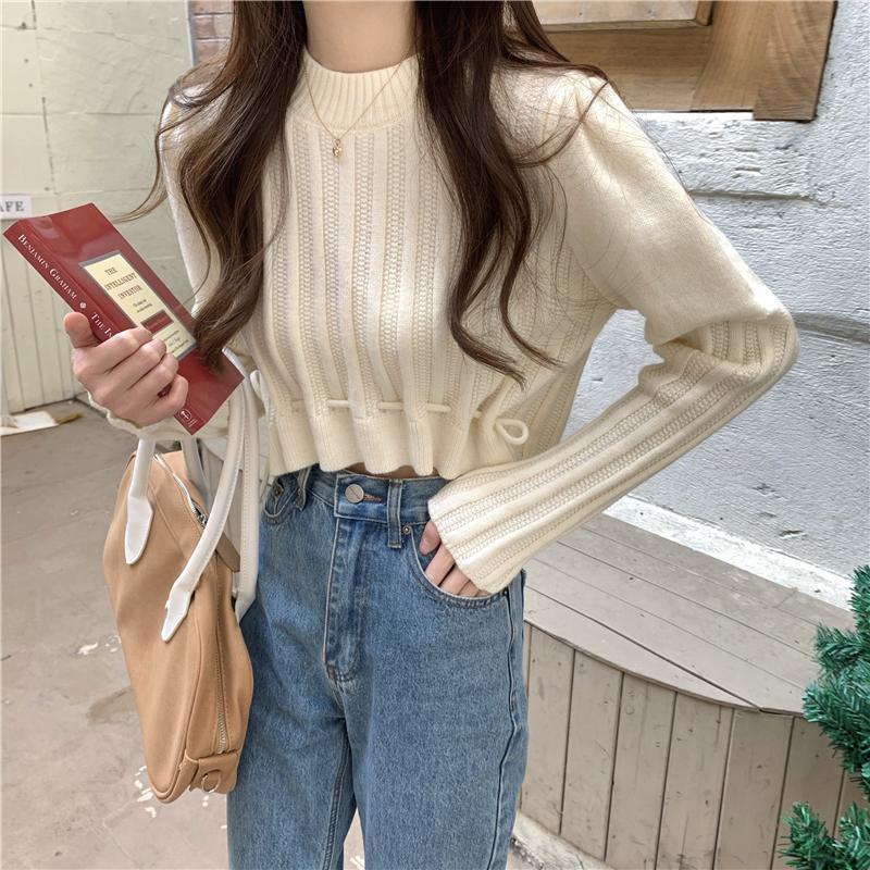 Atasan Wanita Korea Rajut Crop Lengan Panjang Vintage Polos Sweater
