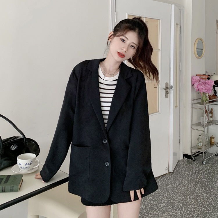 Blazer Wanita Korean Style Jaket Lengan Panjang Outer Basic Import Casual Kekinian Blezer Hitam Retro Jaket