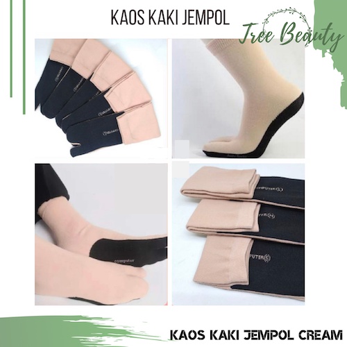 Kaos kaki jempol nylon panjang krem tapak hitam