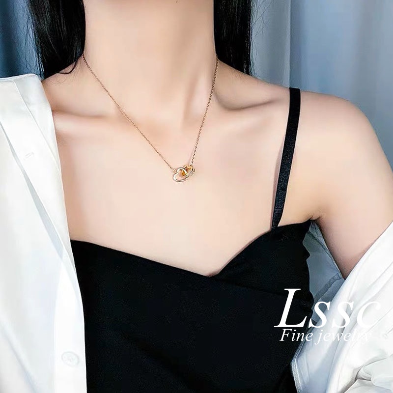 Kalung Titanium Anti Karat Hati Berlian Mewah Emas 18K Aksesoris Wanita Fashion Korea